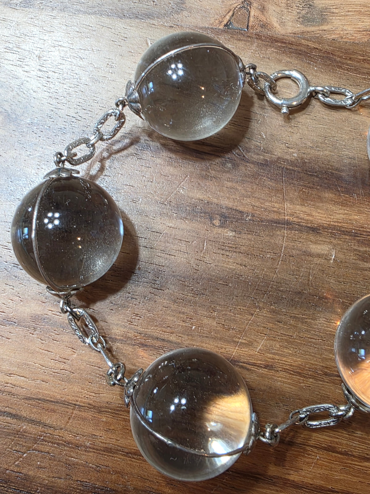 Art Deco Sterling & G.F. Rock Crystal Orb "Pools Of Light" Bracelet, 8"