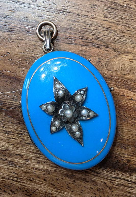 Antique Victorian 10k Robin's Egg Blue Enamel & Seed Pearl Locket
