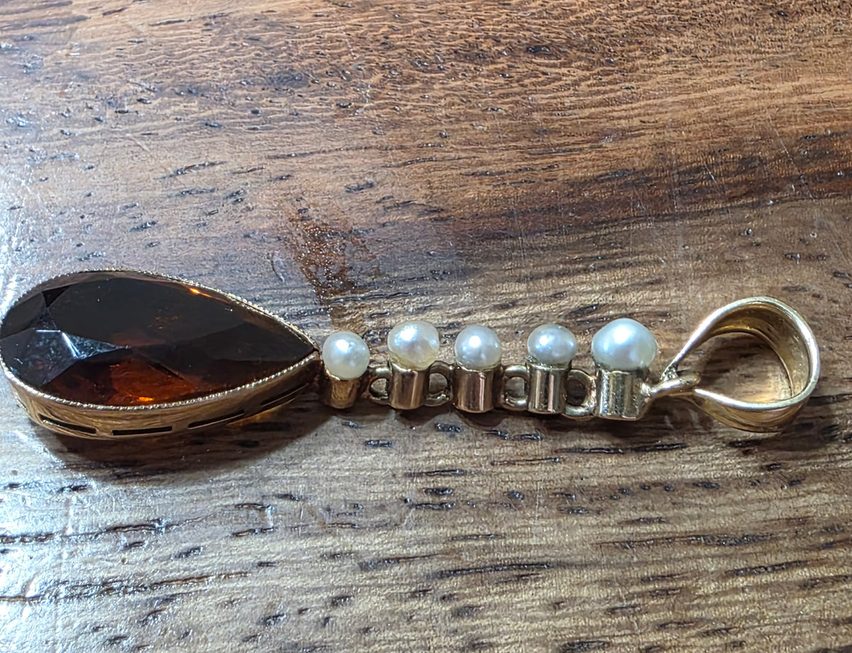 Antique Edwardian 14k Gold Madeira Citrine & Seed Pearl Lavalier Pendant
