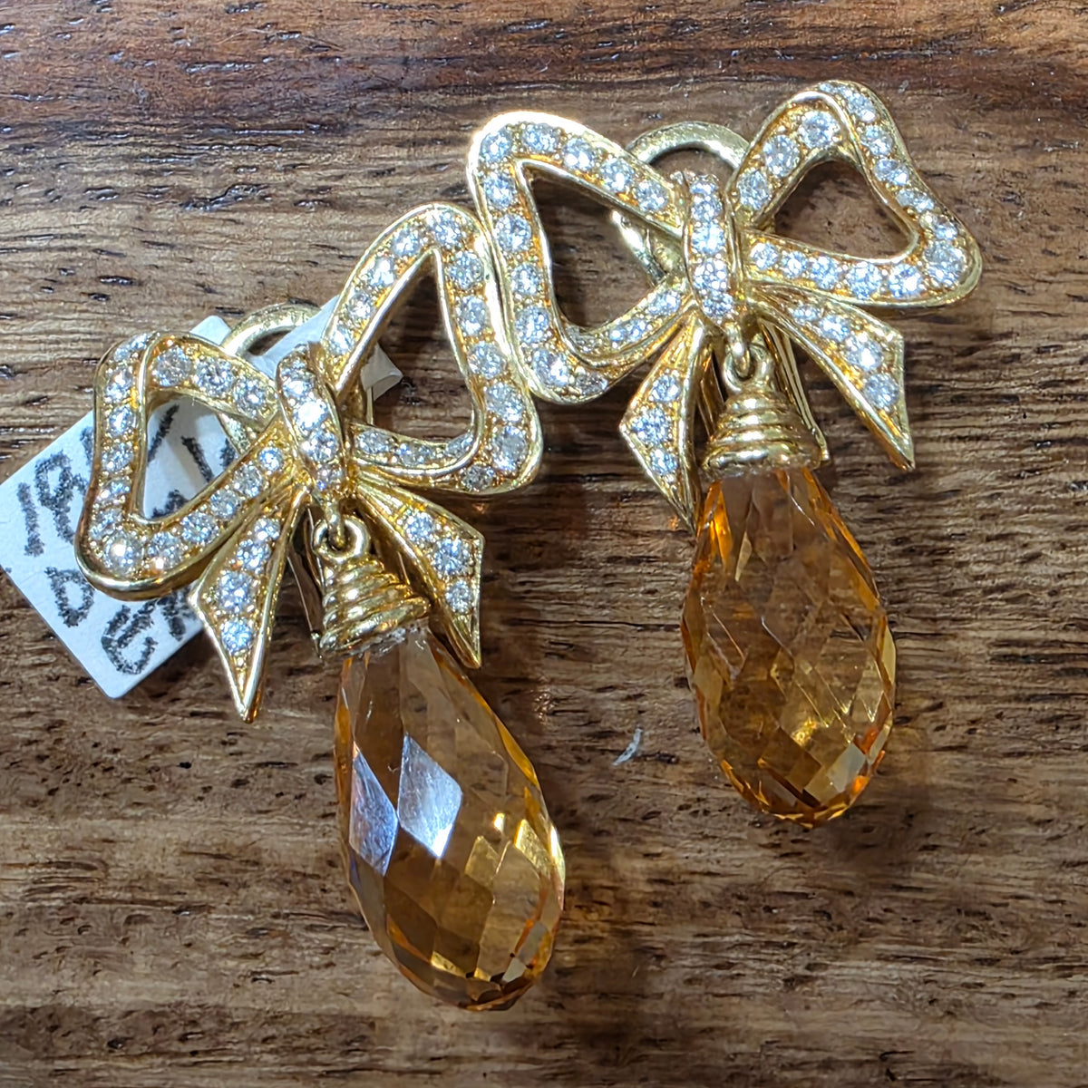 CHIMENTO Vintage 18K Yellow Gold Diamond Citrine Bow Drop Earrings 3189 AL 750