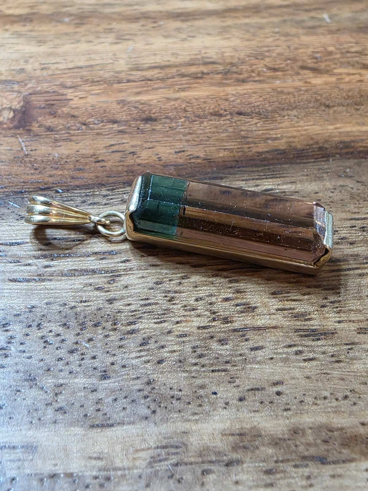 14k Yellow Gold Natural Watermelon Tourmaline Pendant Bi-Color Crystal