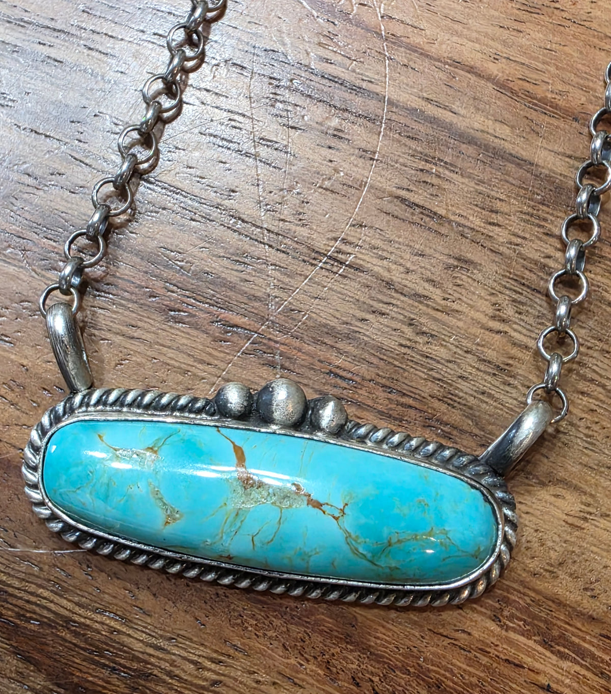 Navajo Elouise Kee Sterling Silver Kingman Turquoise Bar Necklace