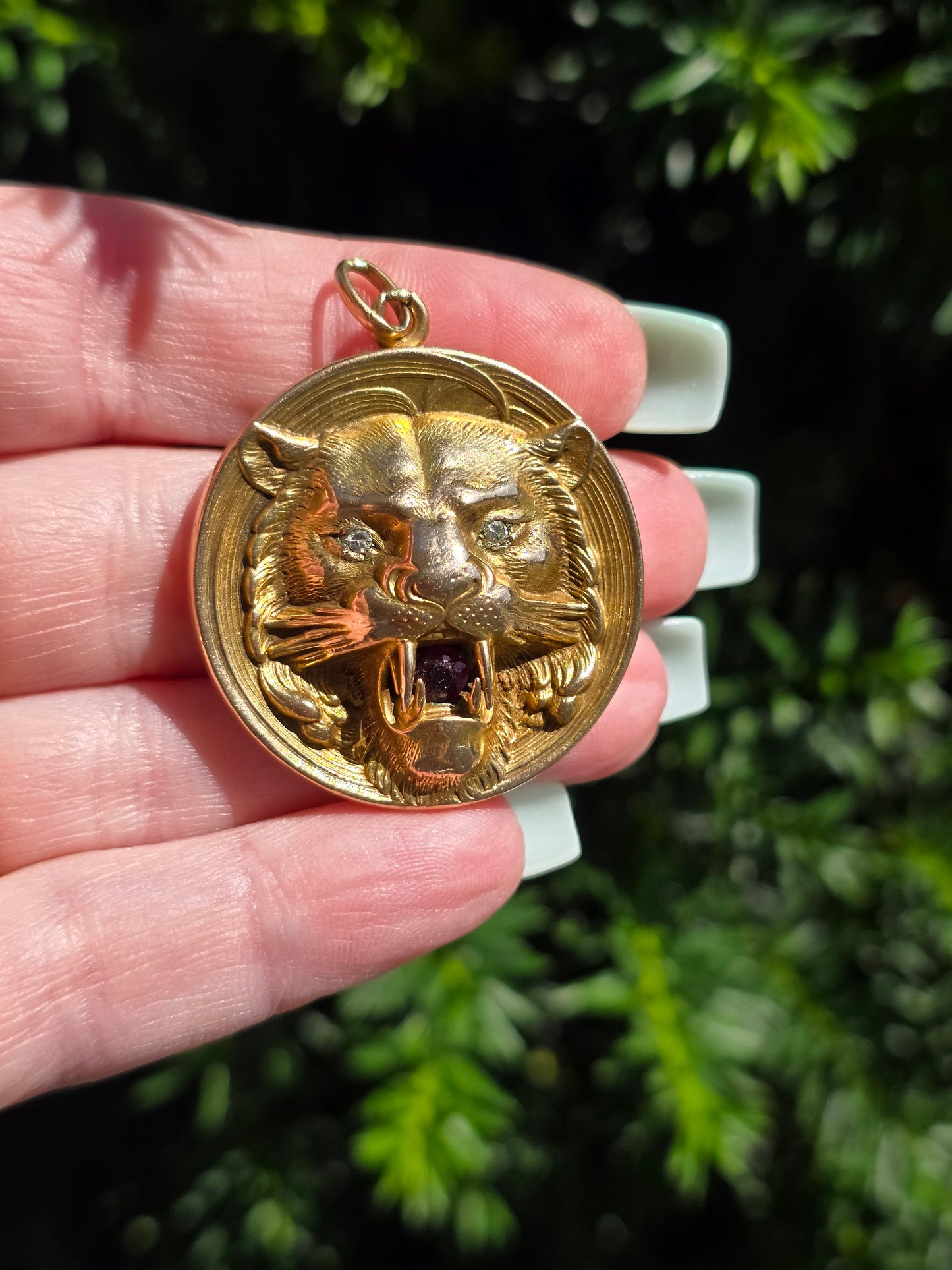 Large Antique 10k Gold Roaring Lion Locket with Diamonds and Garnet