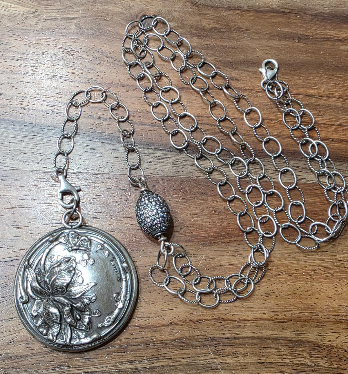 Art Nouveau F.S. Gilbert Sterling Silver Repousse Mirror Pendant Necklace