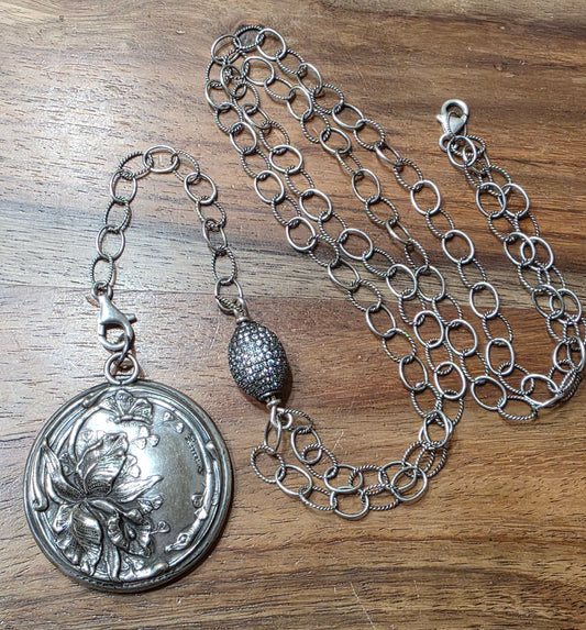 Art Nouveau F.S. Gilbert Sterling Silver Repousse Mirror Pendant Necklace