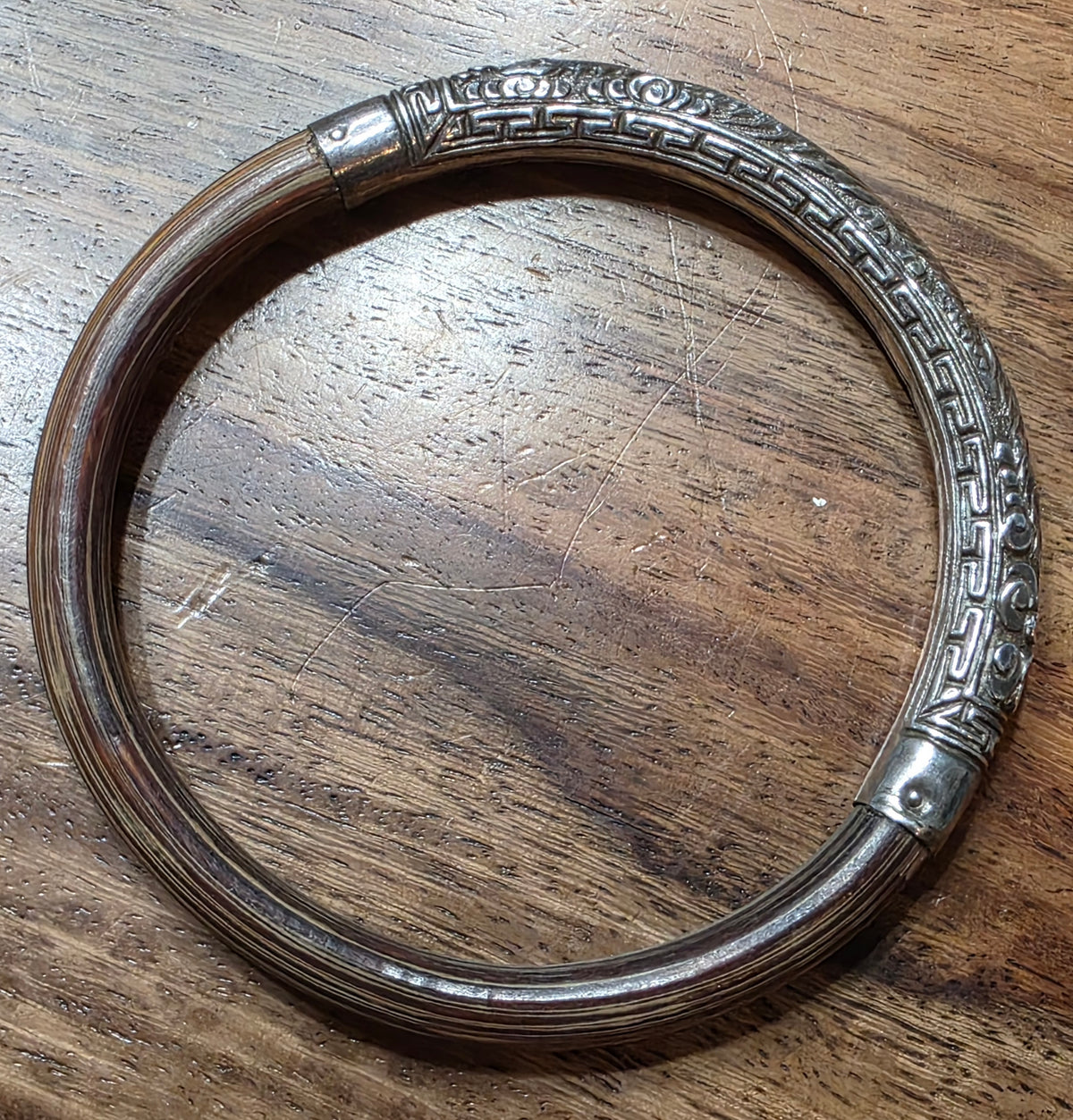 Vintage Chinese Export Sterling Silver & Bamboo Rattan Phoenix Bangle Bracelet
