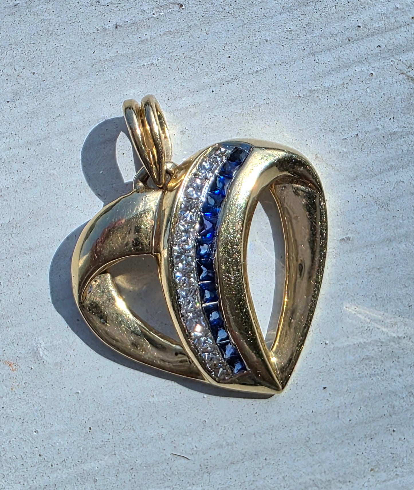 Sapphire & Diamond Channel Set Open Heart Pendant