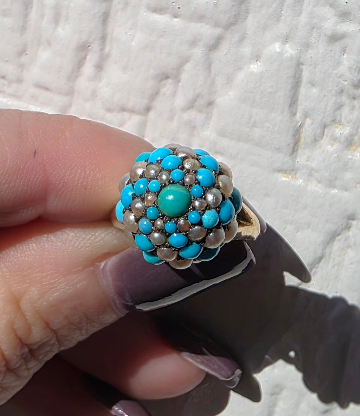 Vintage 14K Yellow Gold Falconi Signed Turquoise Pearl Basket Dome Cluster Ring