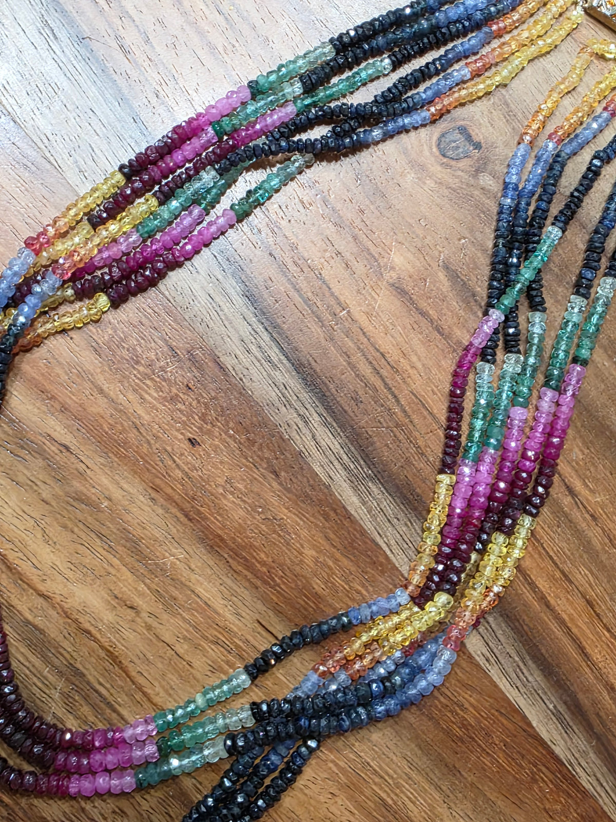6-Strand Natural Sapphire Emerald & Ruby Faceted Bead Necklace Gold-Plated Clasp