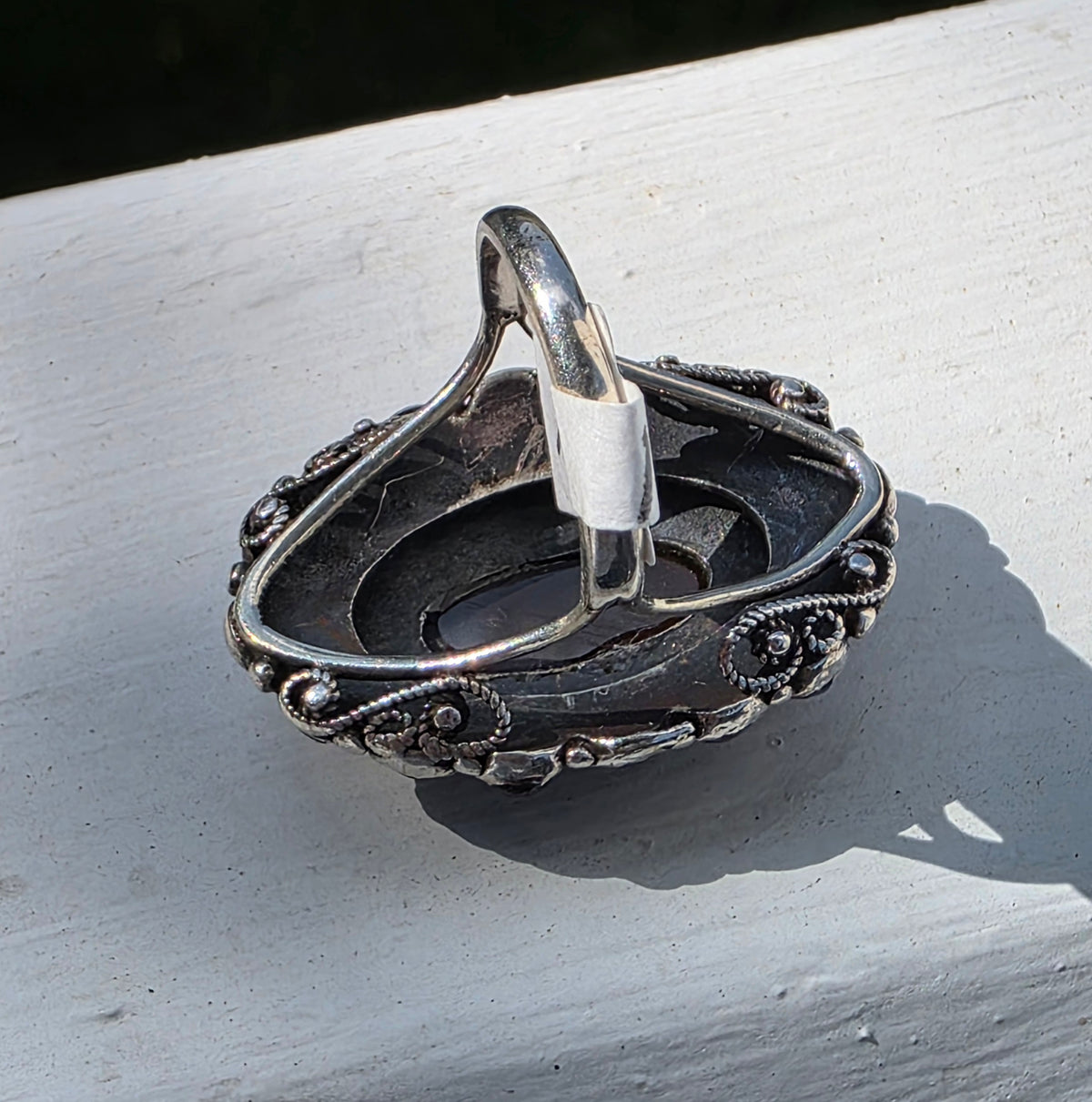 Antique Sterling Silver Bohemian Garnet & Black Opal Ring