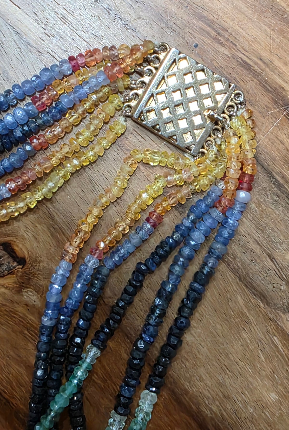 6-Strand Natural Sapphire Emerald & Ruby Faceted Bead Necklace Gold-Plated Clasp