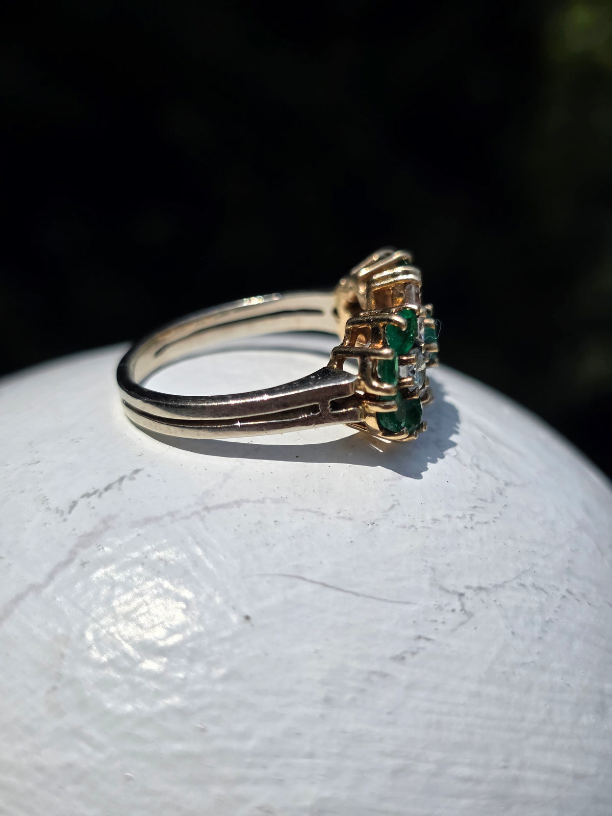 Vintage 14k Yellow And White Gold Emerald & Diamond Flower Ring
