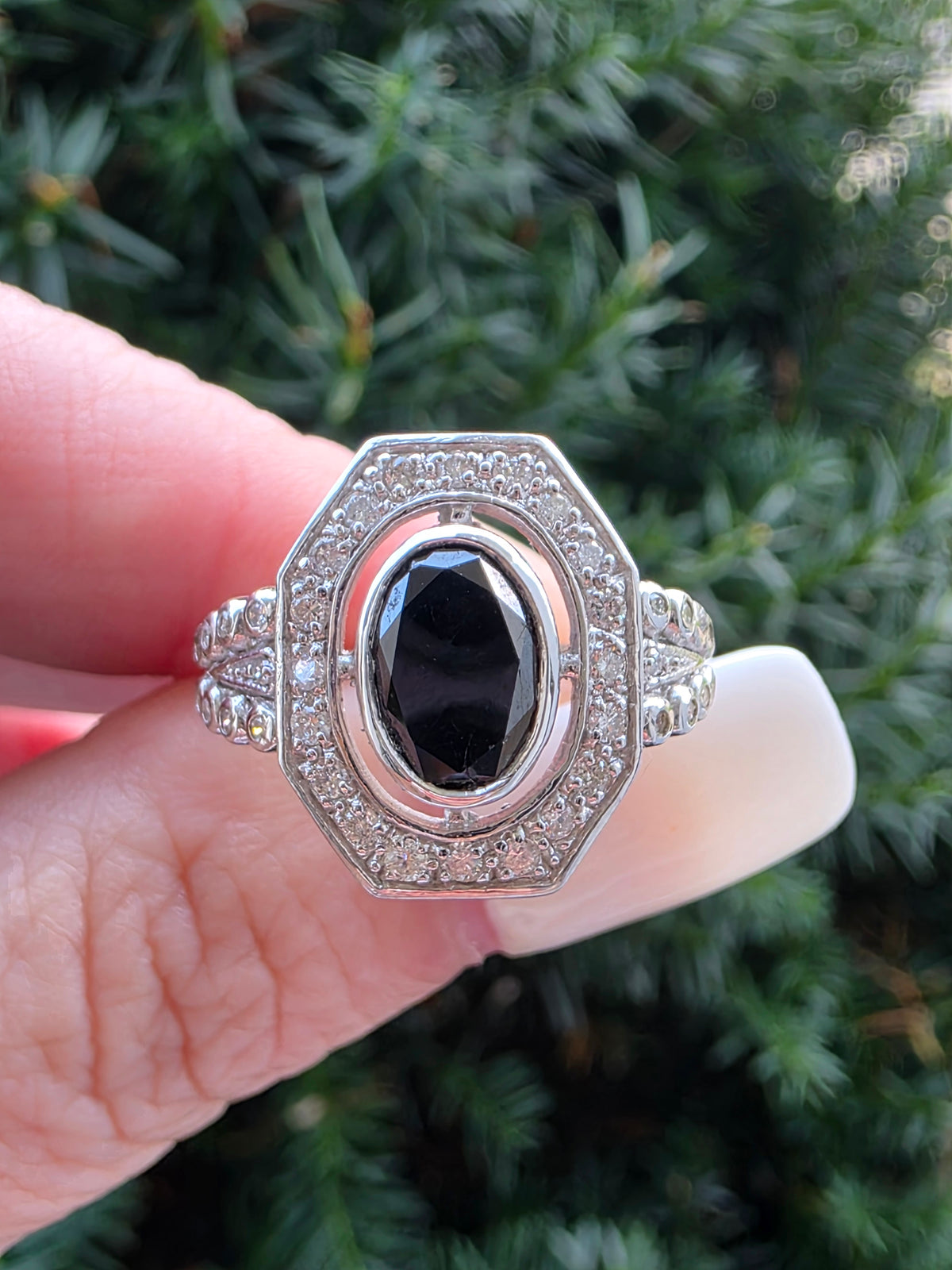 Estate 14k Oval Cut Black Diamond Halo Ring