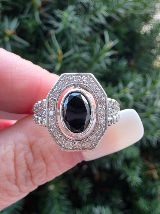 Estate 14k Oval Cut Black Diamond Halo Ring