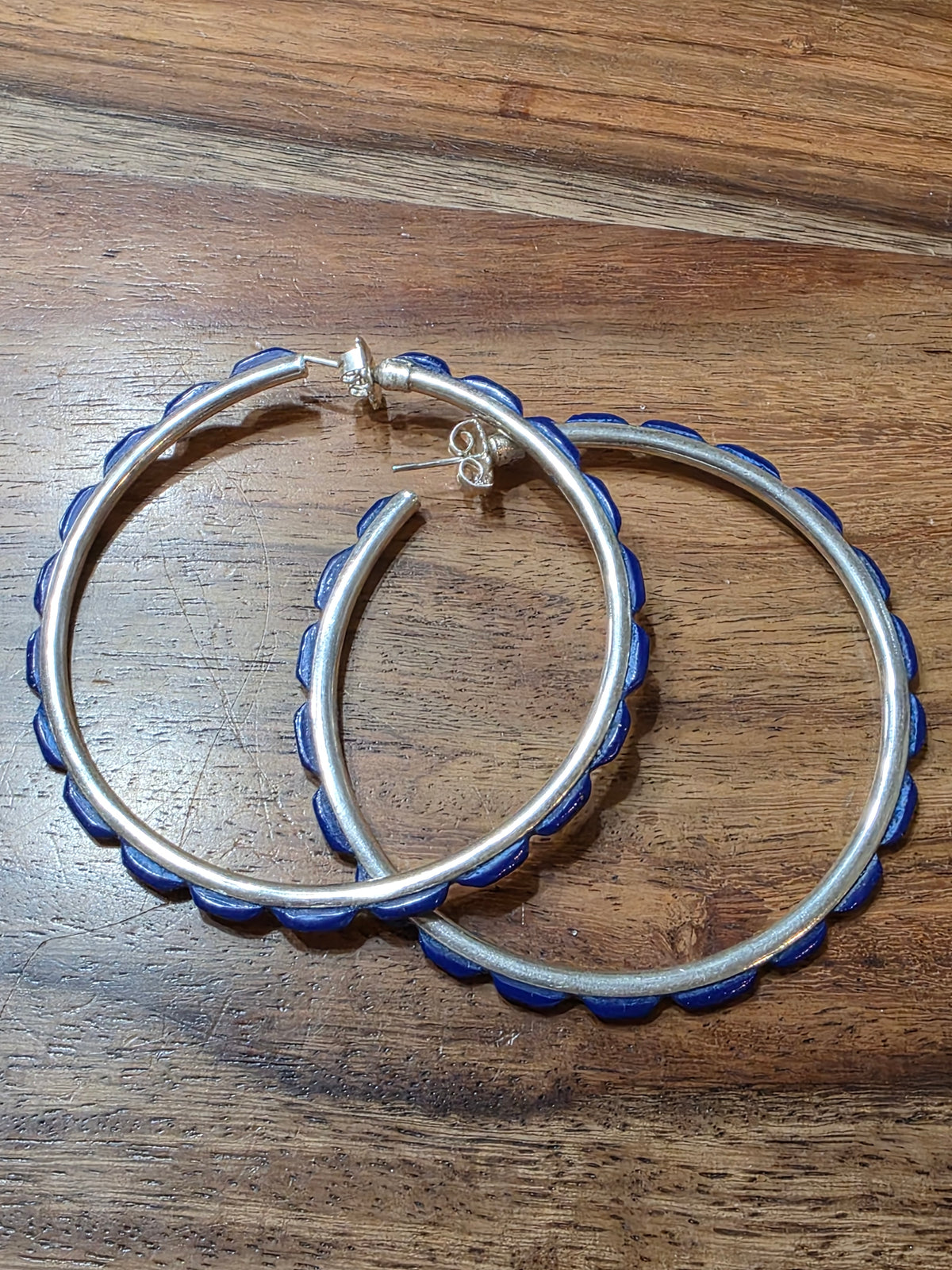 Large Federico Jimenez Sterling Silver Blue Lapis Lazuli Hoop Earrings 2 7/8"