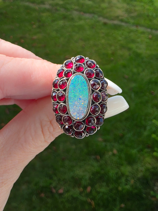 Antique Sterling Silver Bohemian Garnet & Black Opal Ring