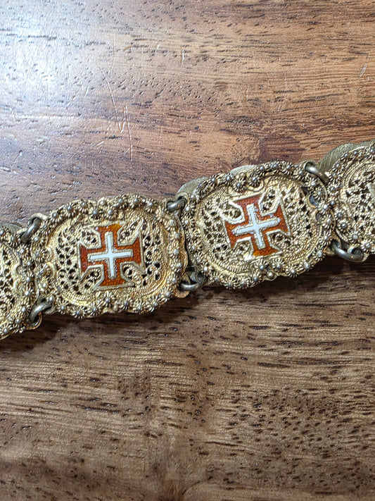 Antique Portuguese .833 Silver Vermeil Filigree Bracelet Order of Christ Enamel