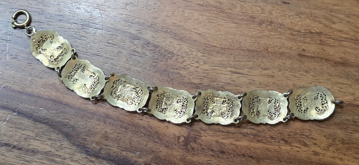 Antique Portuguese .833 Silver Vermeil Filigree Bracelet Order of Christ Enamel