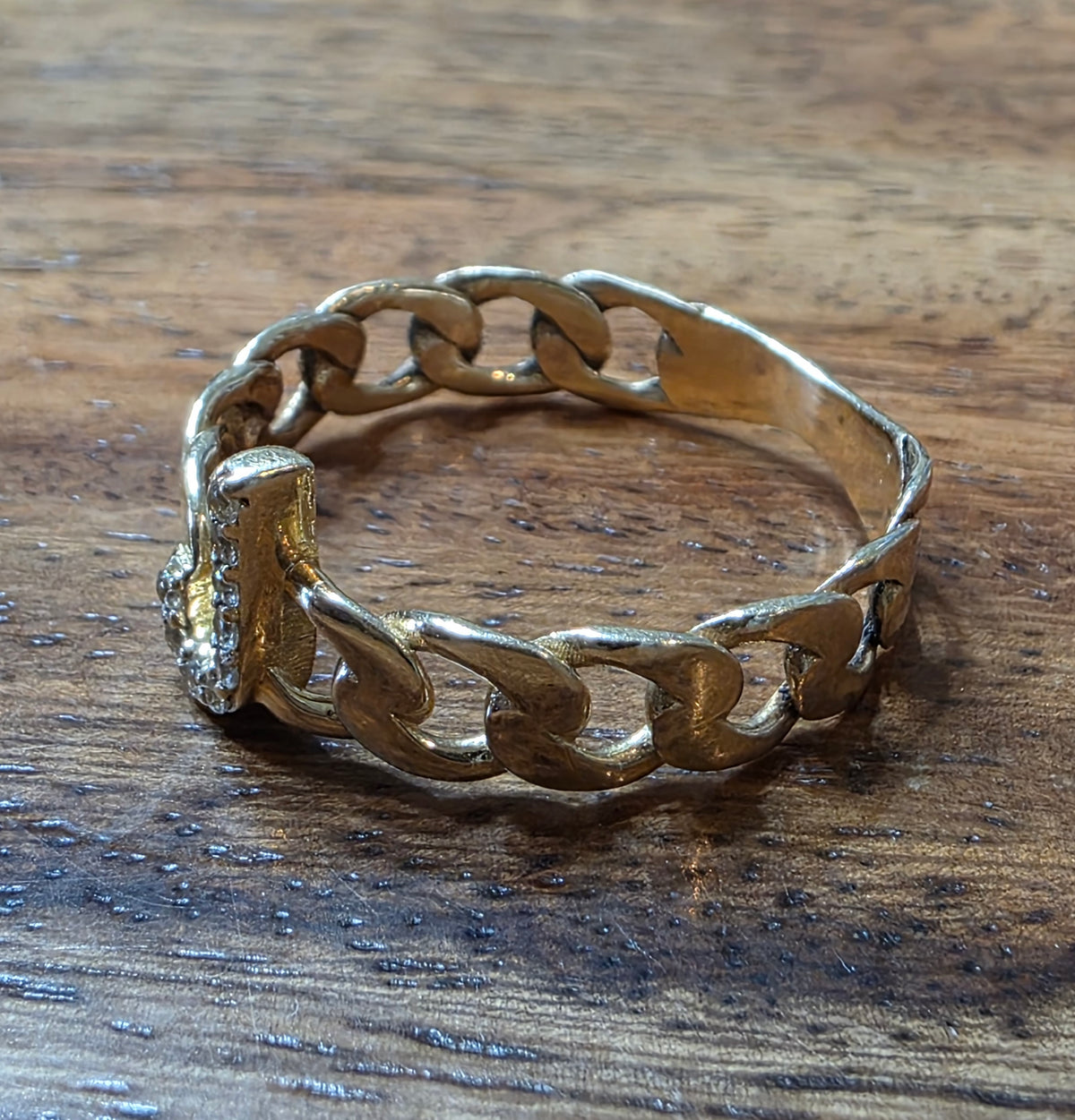 Vintage 14k Gold Diamond "J" Initial Cuban Chain Link Ring, Size 7