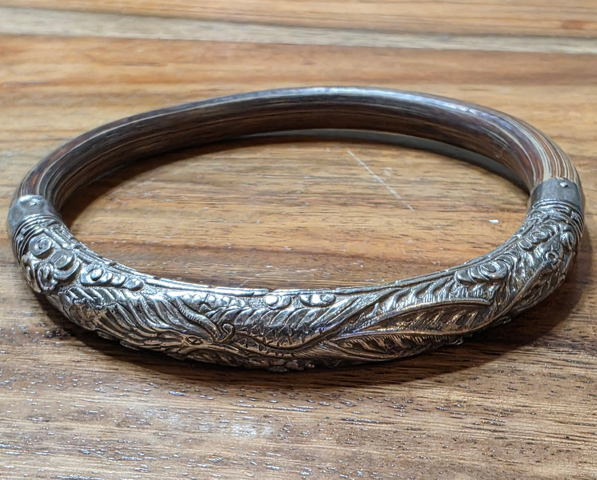 Vintage Chinese Export Sterling Silver & Bamboo Rattan Phoenix Bangle Bracelet