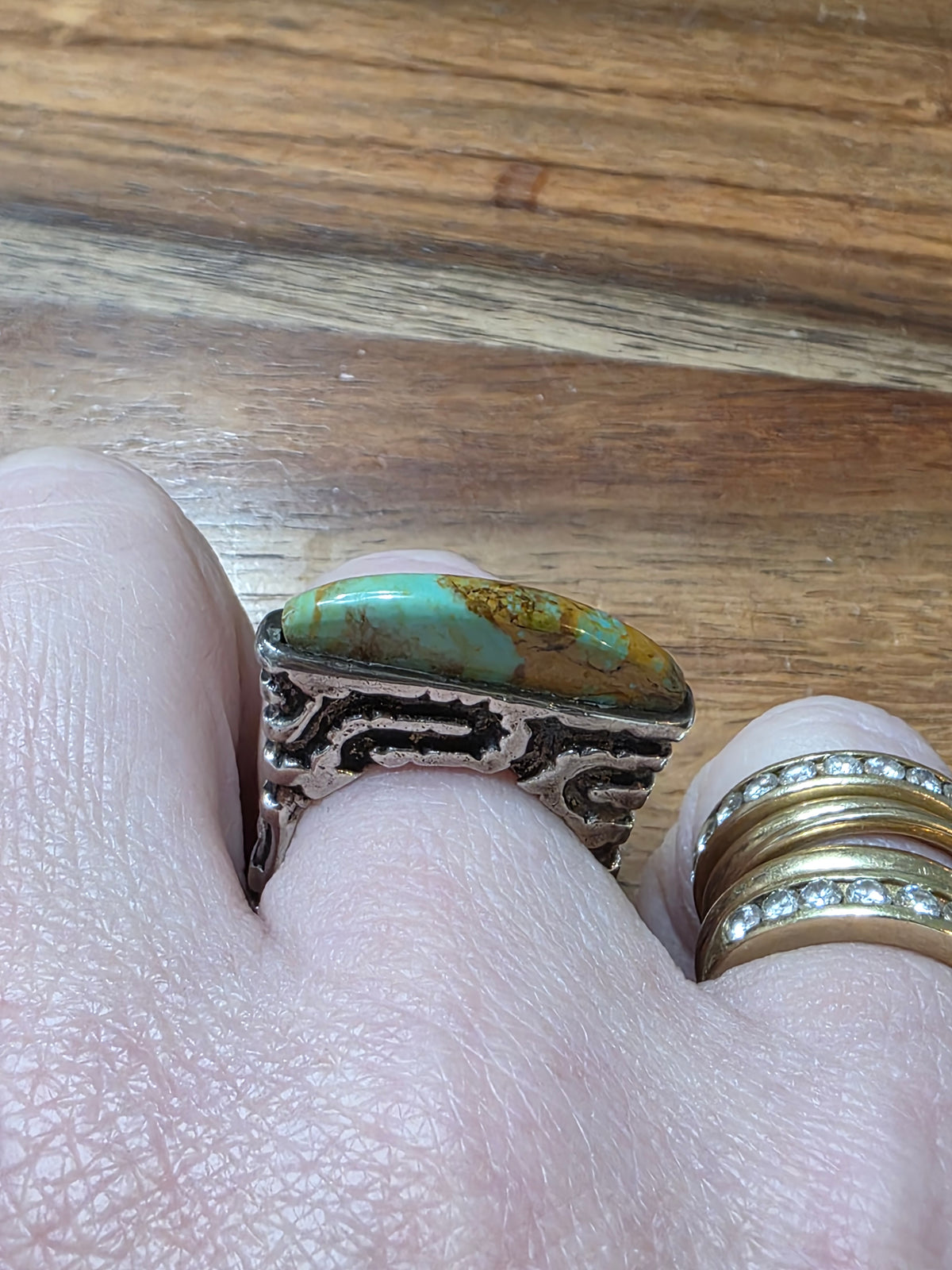 Dian Malouf Sterling Silver Green Turquoise Stone Bar Stacker Ring