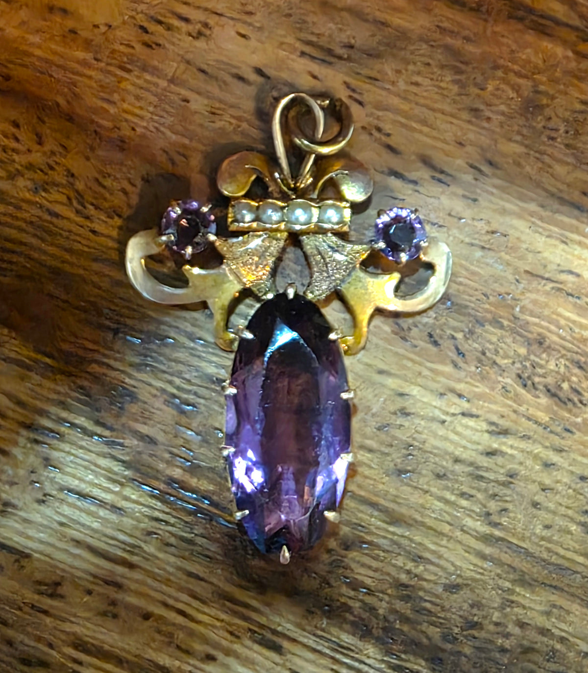Antique Art Nouveau 10k Gold Amethyst & Seed Pearl Lavalier Pendant
