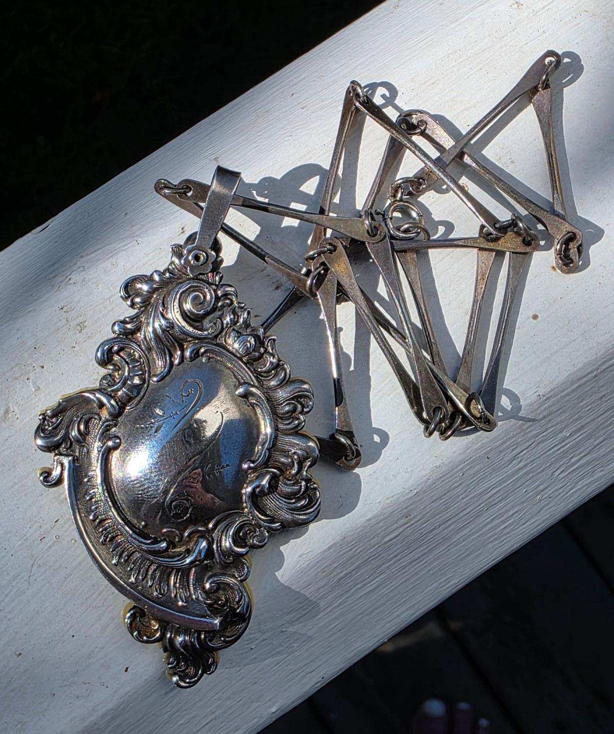 Victorian Sterling Repousse Dance Card Pendant on Articulated Chain, Webster Co.