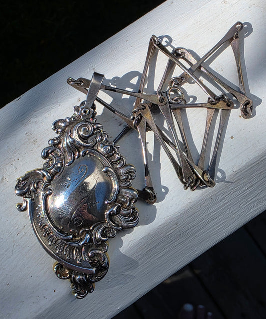Victorian Sterling Repousse Dance Card Pendant on Articulated Chain, Webster Co.