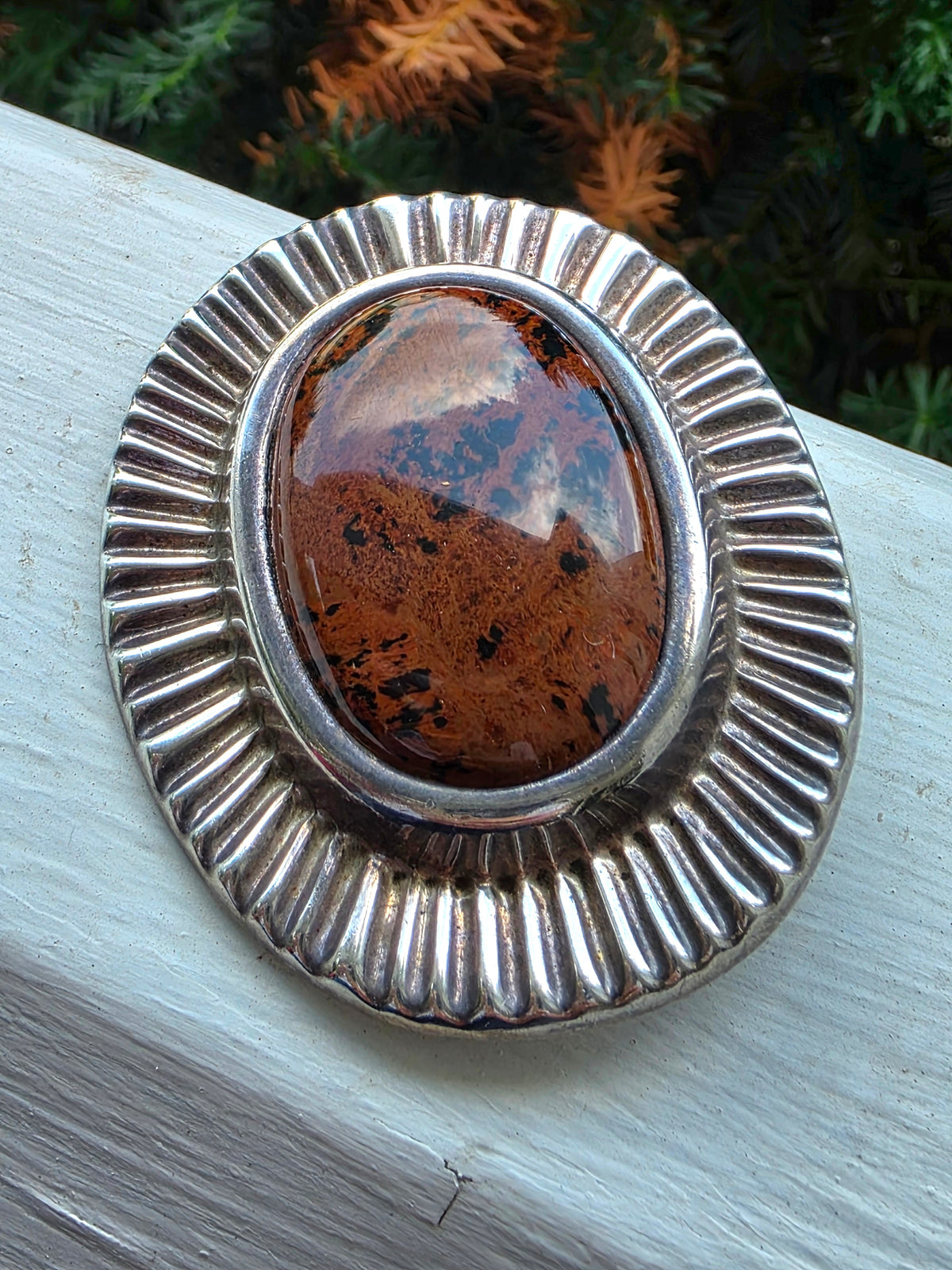 Vintage Sterling Silver Mahogany Obsidian Pendant Brooch