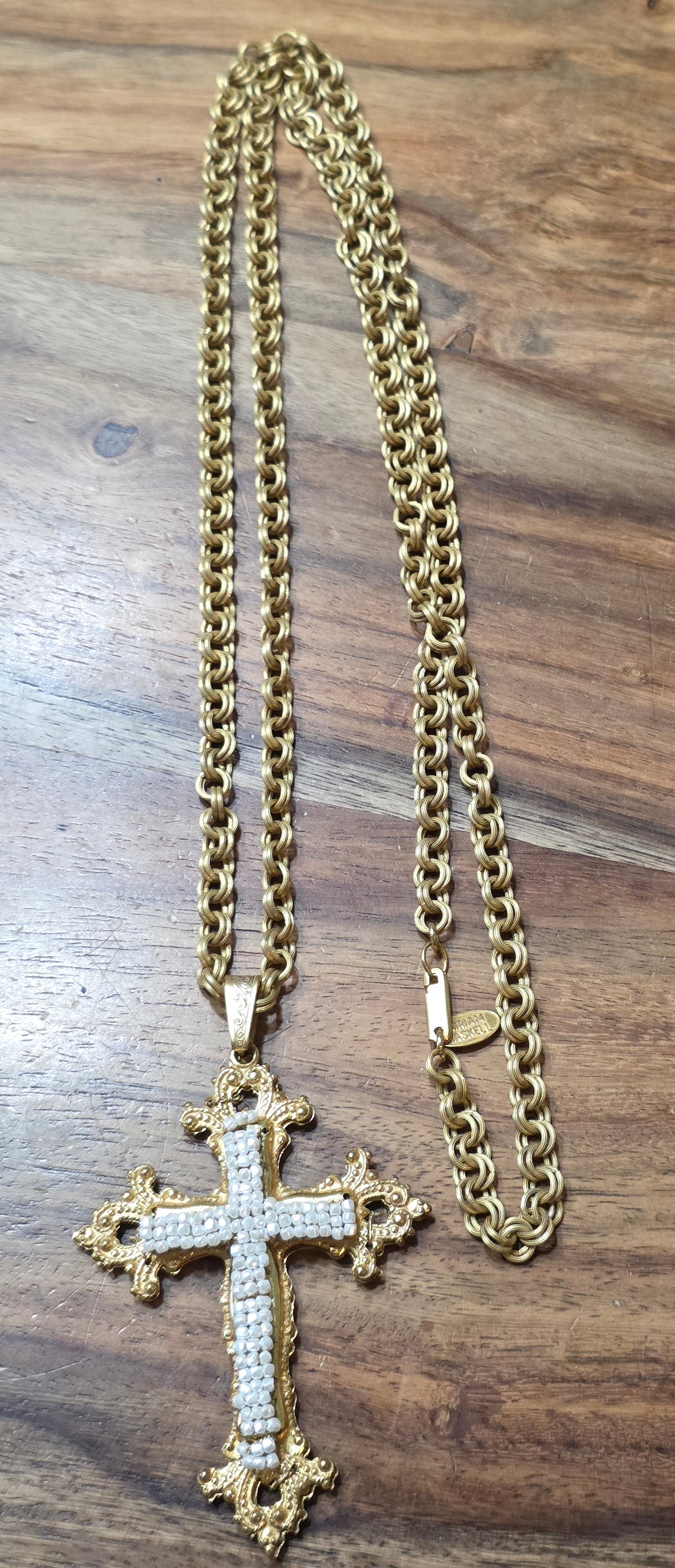Vintage Miriam Haskell Baroque Cross Pendant Necklace Russian Gold Faux Pearls
