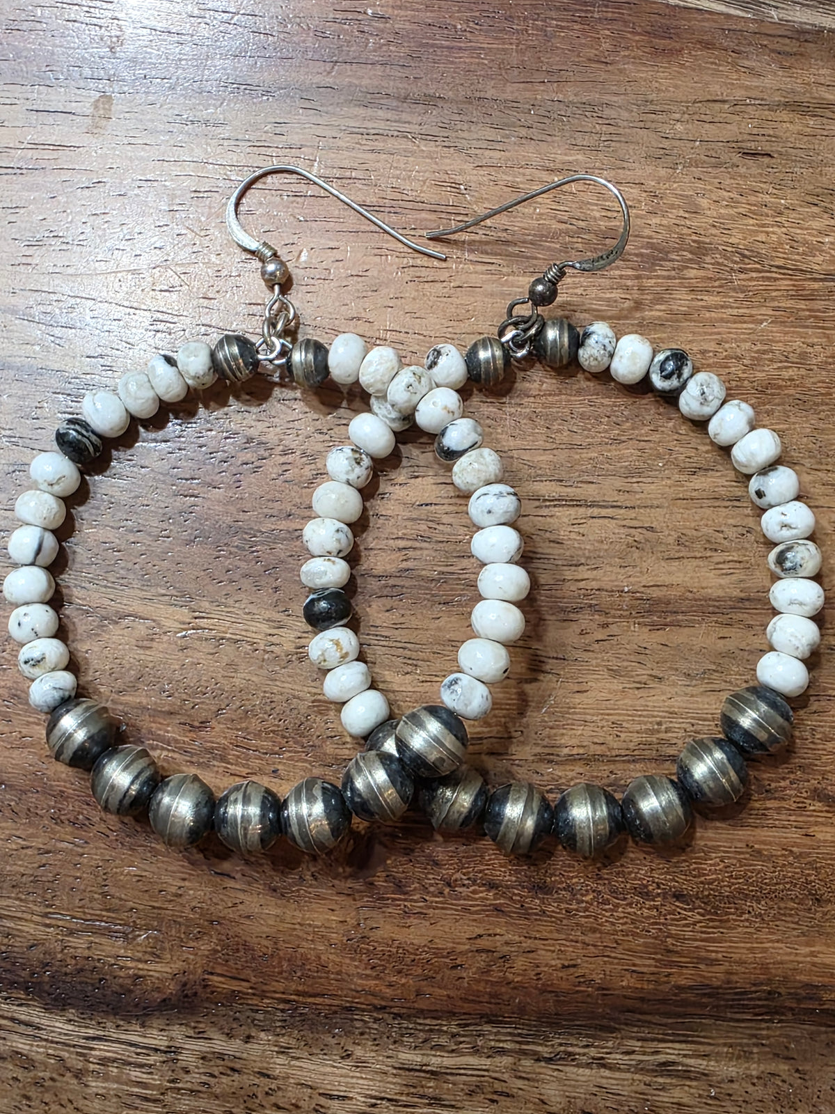 Native American Sterling Silver White Buffalo Navajo Pearls Hoop Earrings
