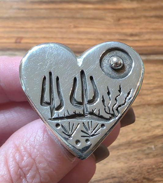 James Fendenheim Tohono O'odham Sterling Silver Heart Ring Size 8.5 Cactus Moon