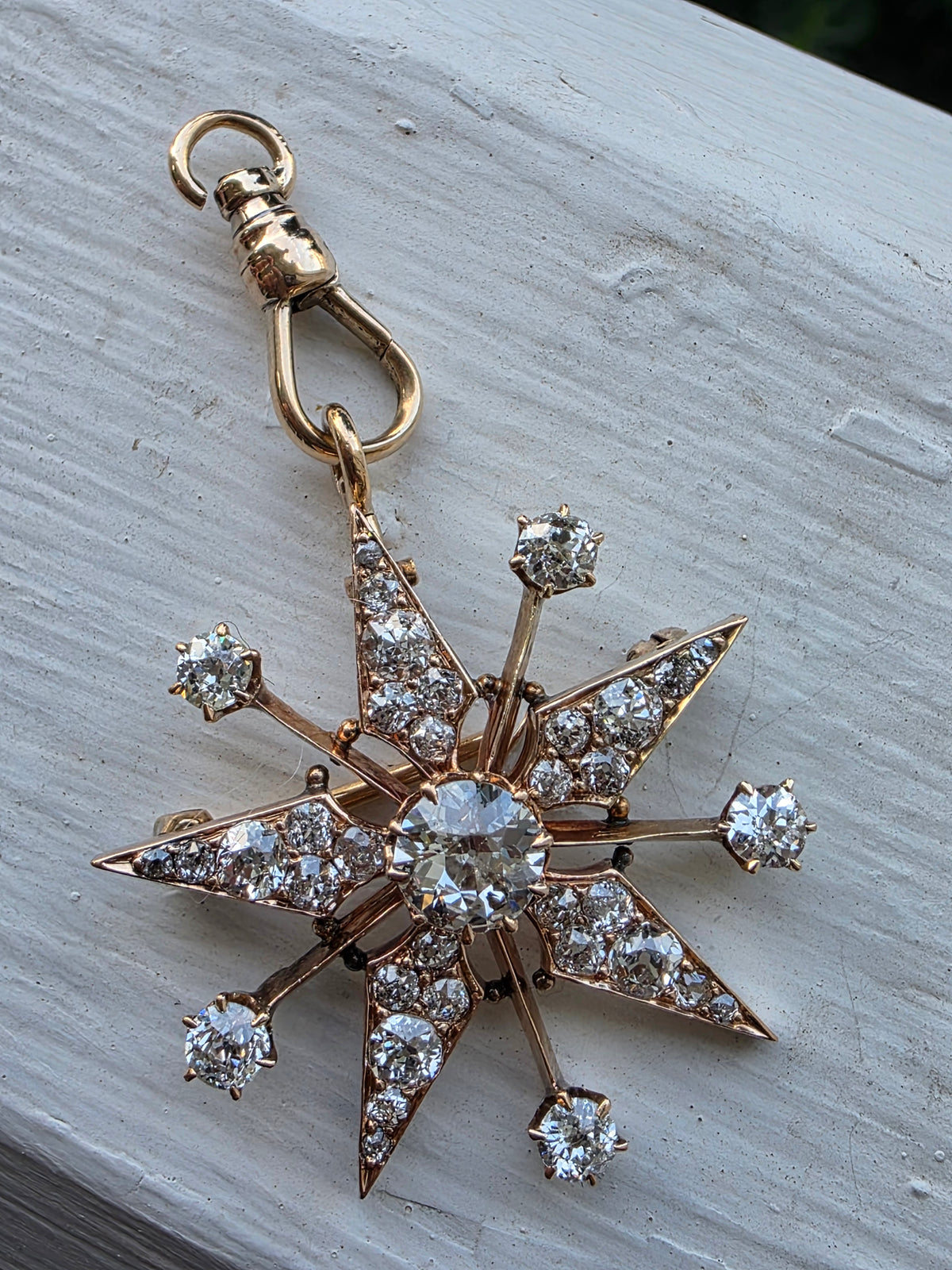 Antique Victorian 14K Gold Diamond Celestial Starburst Brooch Pendant Old European Cut 3.3ctw
