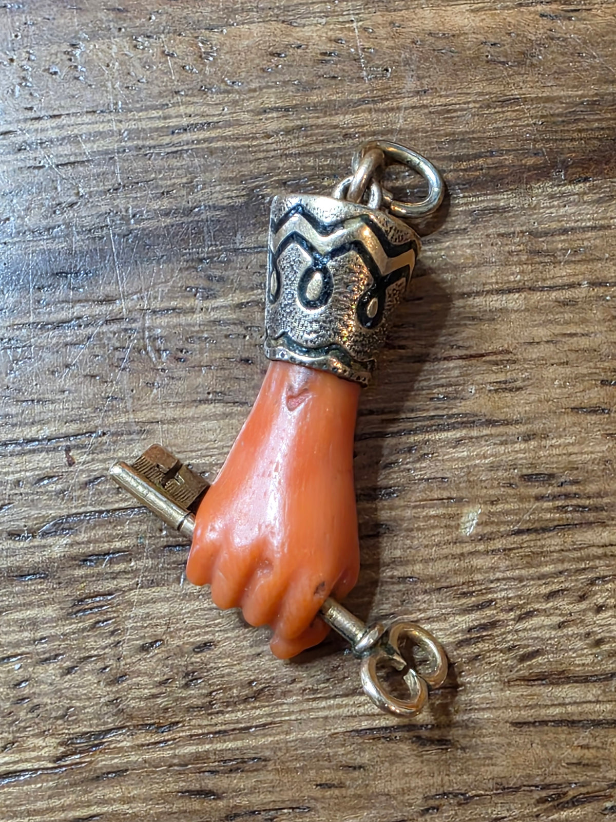 Antique 14k & 10k Carved Coral Hand Pendant Charm