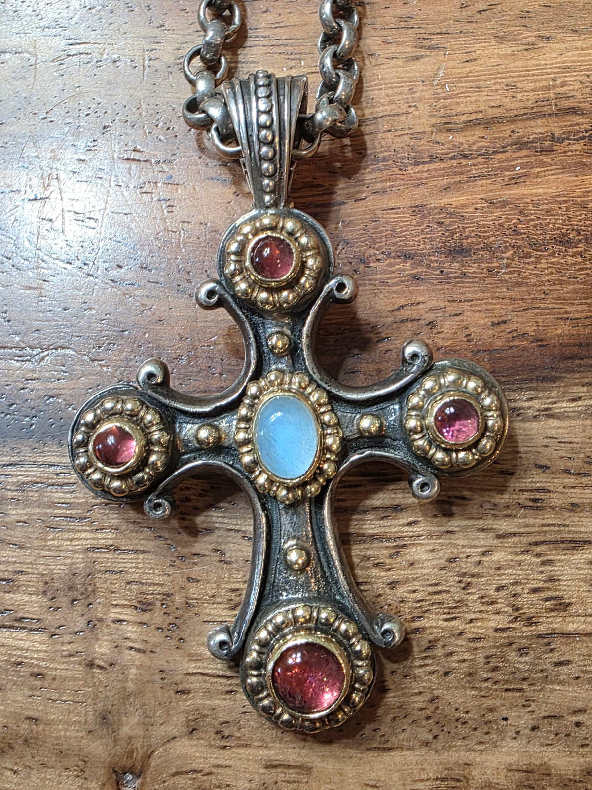 Konstantino 925 Sterling 18k Gold Cross Pendant Necklace Tourmaline & Aquamarine
