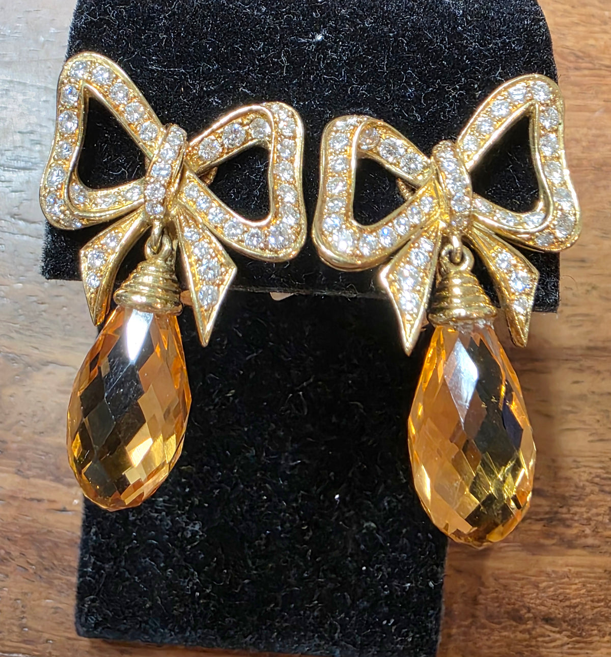 CHIMENTO Vintage 18K Yellow Gold Diamond Citrine Bow Drop Earrings 3189 AL 750