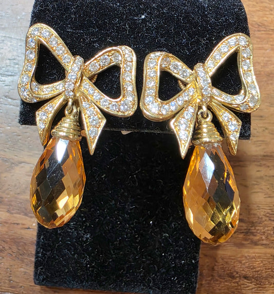 CHIMENTO Vintage 18K Yellow Gold Diamond Citrine Bow Drop Earrings 3189 AL 750