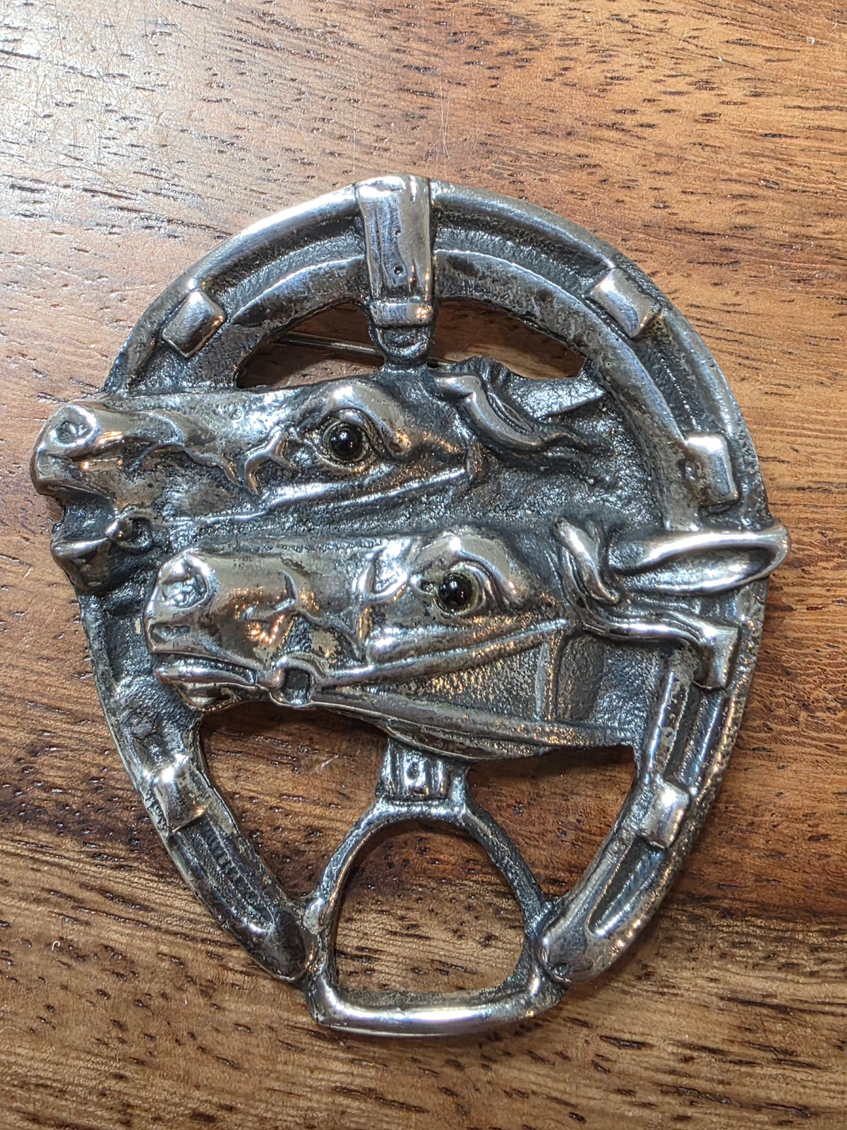 Antique Sterling Silver Double Horse Head Horseshoe Brooch Pin Equestrian Racing