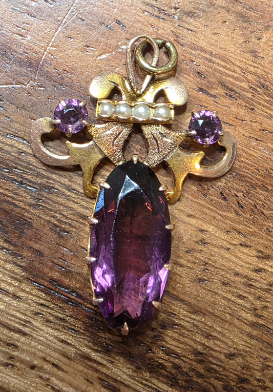 Antique Art Nouveau 10k Gold Amethyst & Seed Pearl Lavalier Pendant