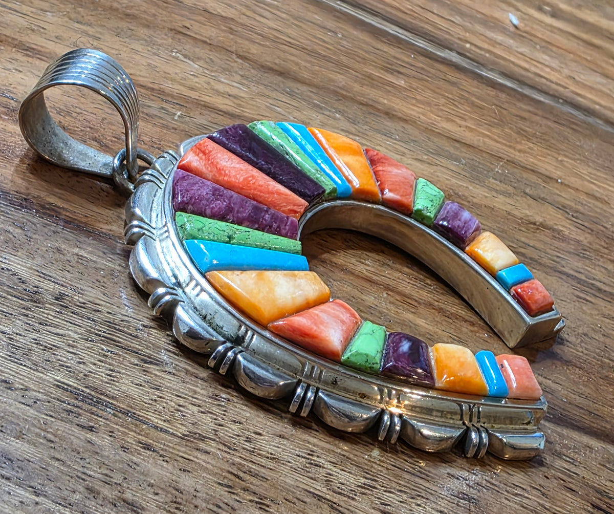 Signed Navajo Rick Tolino Sterling Silver Colorful Multi-Stone Naja Pendant