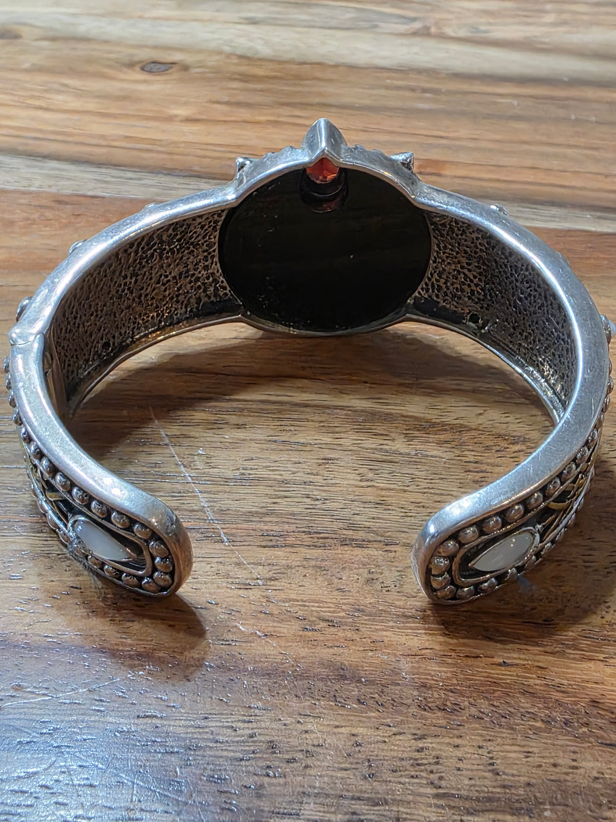 Echo of the Dreamer Sterling Silver Bronze Onyx Garnet Lily Cuff Bracelet