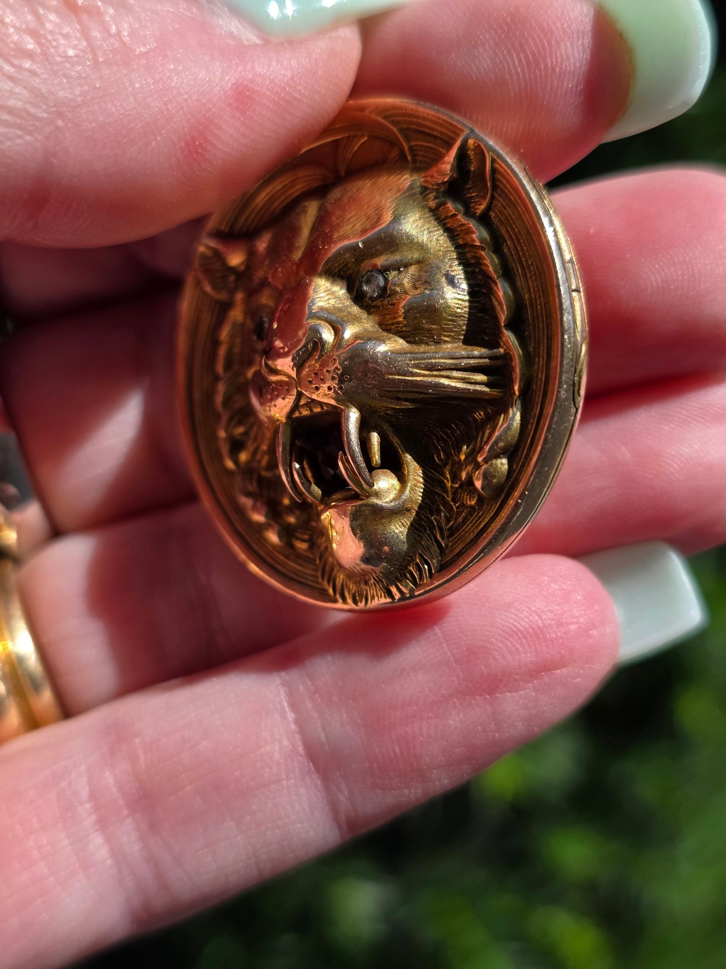 Large Antique 10k Gold Roaring Lion Locket with Diamonds and Garnet