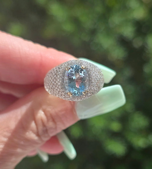18k Aquamarine & Pave Set Diamond Bombe Ring