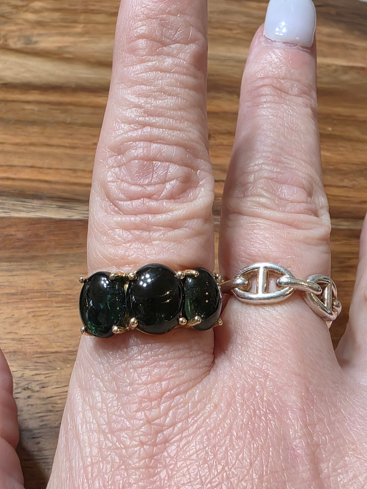 Charlie & Marcelle 14k Gold Small Gumdrop 3-Stone Green Tourmaline Cabochon Ring