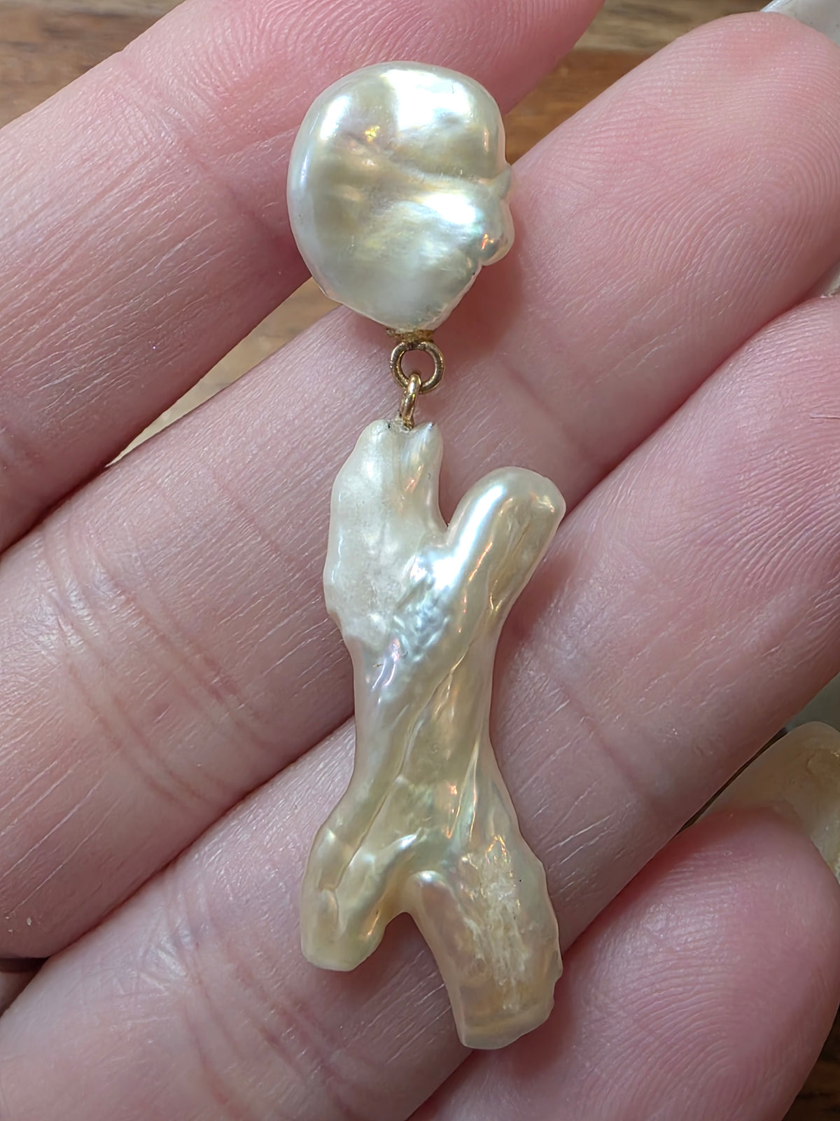 Estate 14k Yellow Gold Organic Biwa Stick & Coin Baroque Pearl Drop Earrings