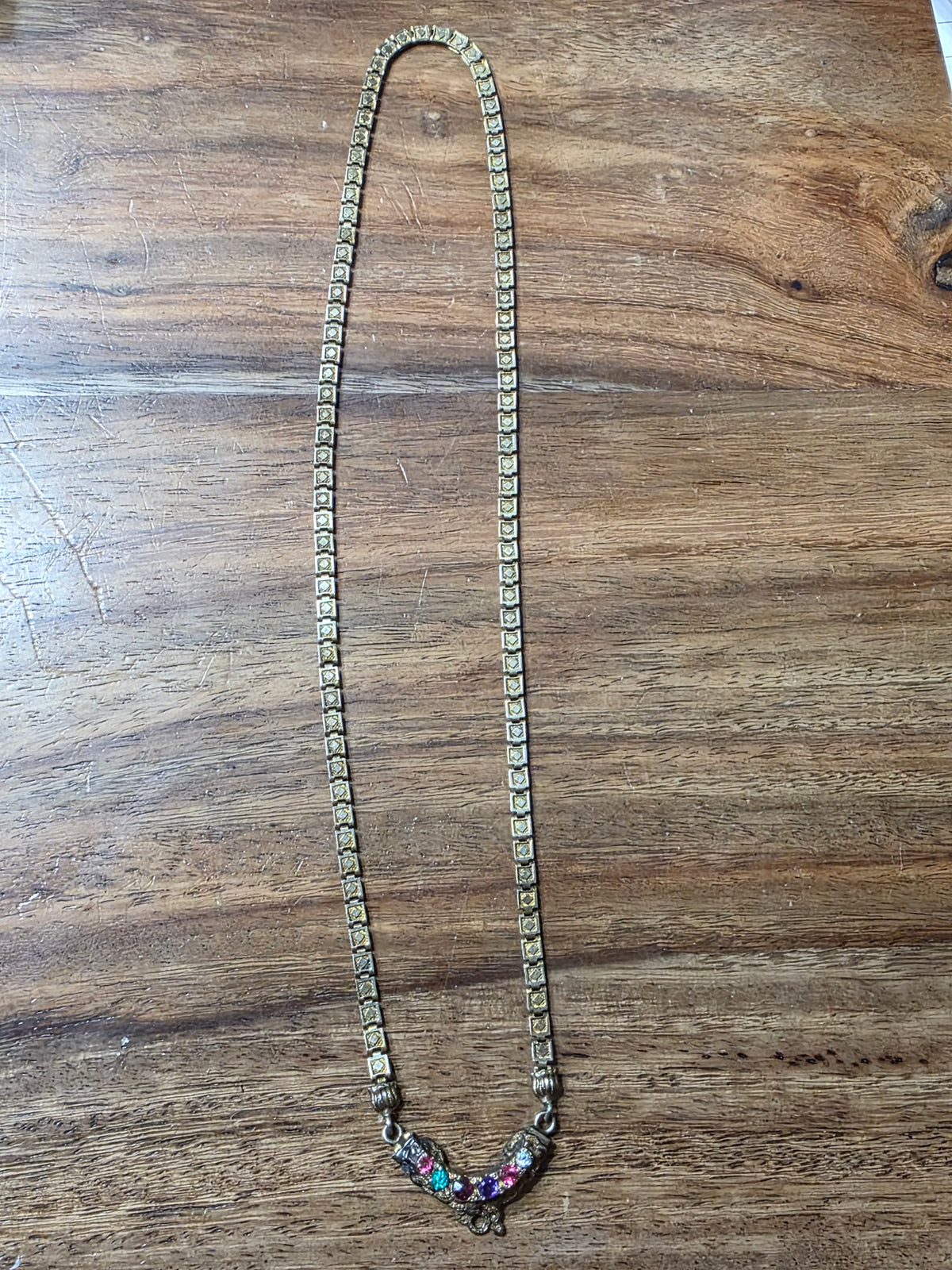Antique Gold Filled Multi Color Paste Stone Book Chain Necklace