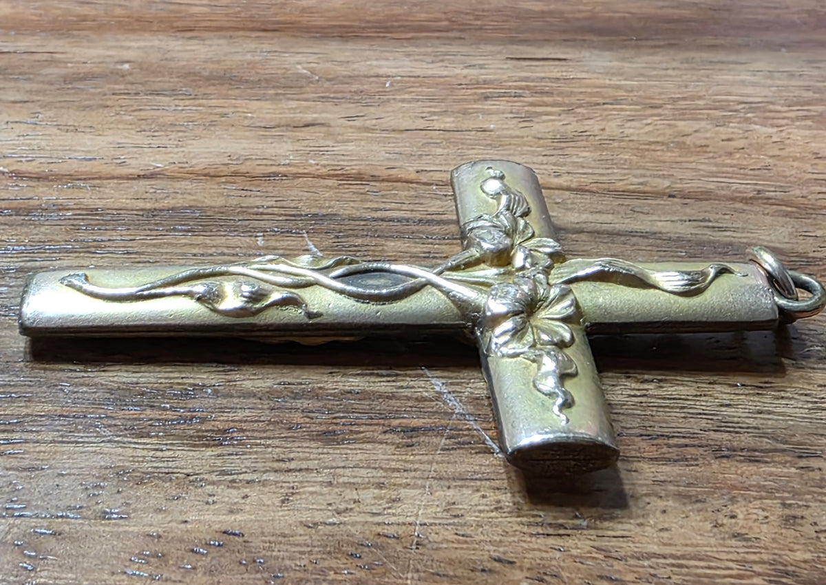 Art Nouveau Gold-Filled Floral Embossed Tube Cross Pendant