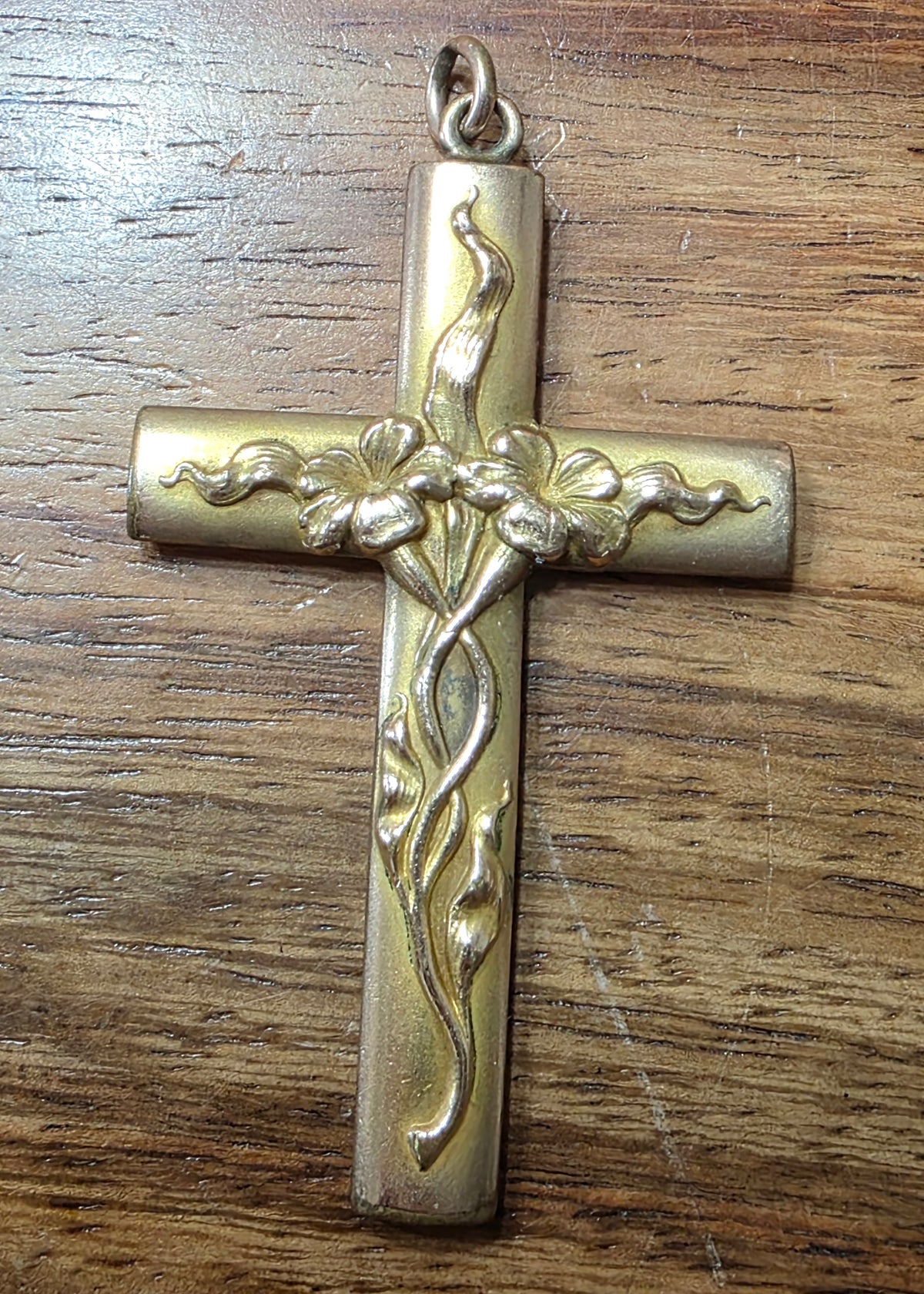 Art Nouveau Gold-Filled Floral Embossed Tube Cross Pendant