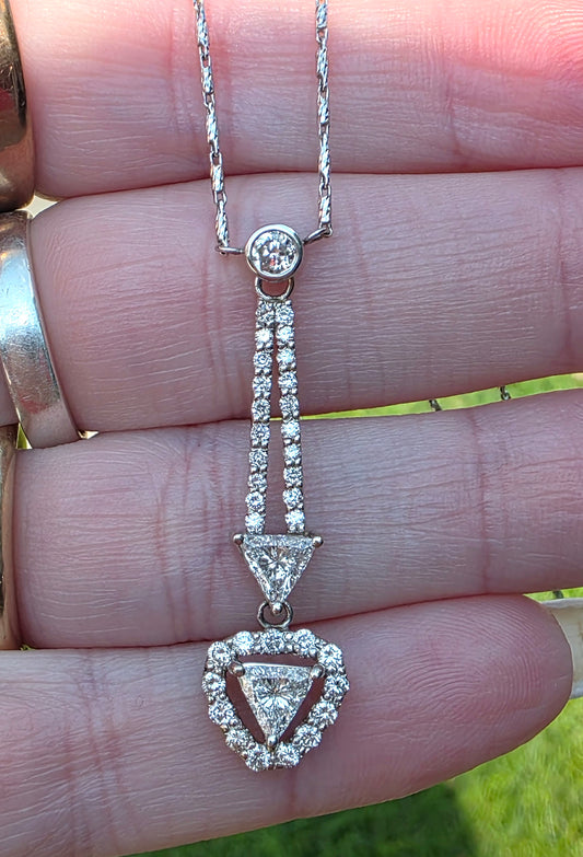 Estate 14k White Gold Trillion Cut Natural Diamond Lavalier Necklace, 2ctw