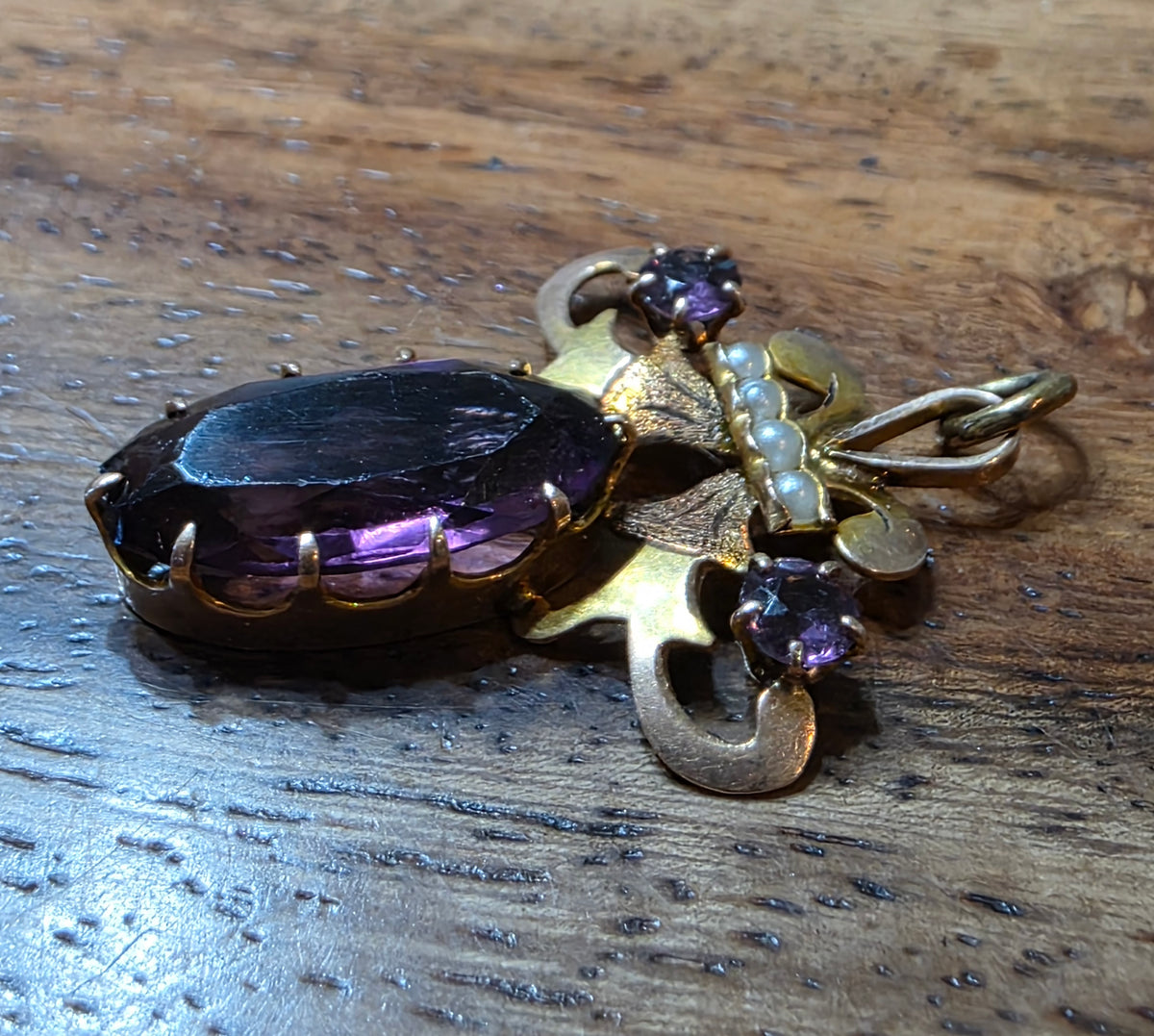 Antique Art Nouveau 10k Gold Amethyst & Seed Pearl Lavalier Pendant